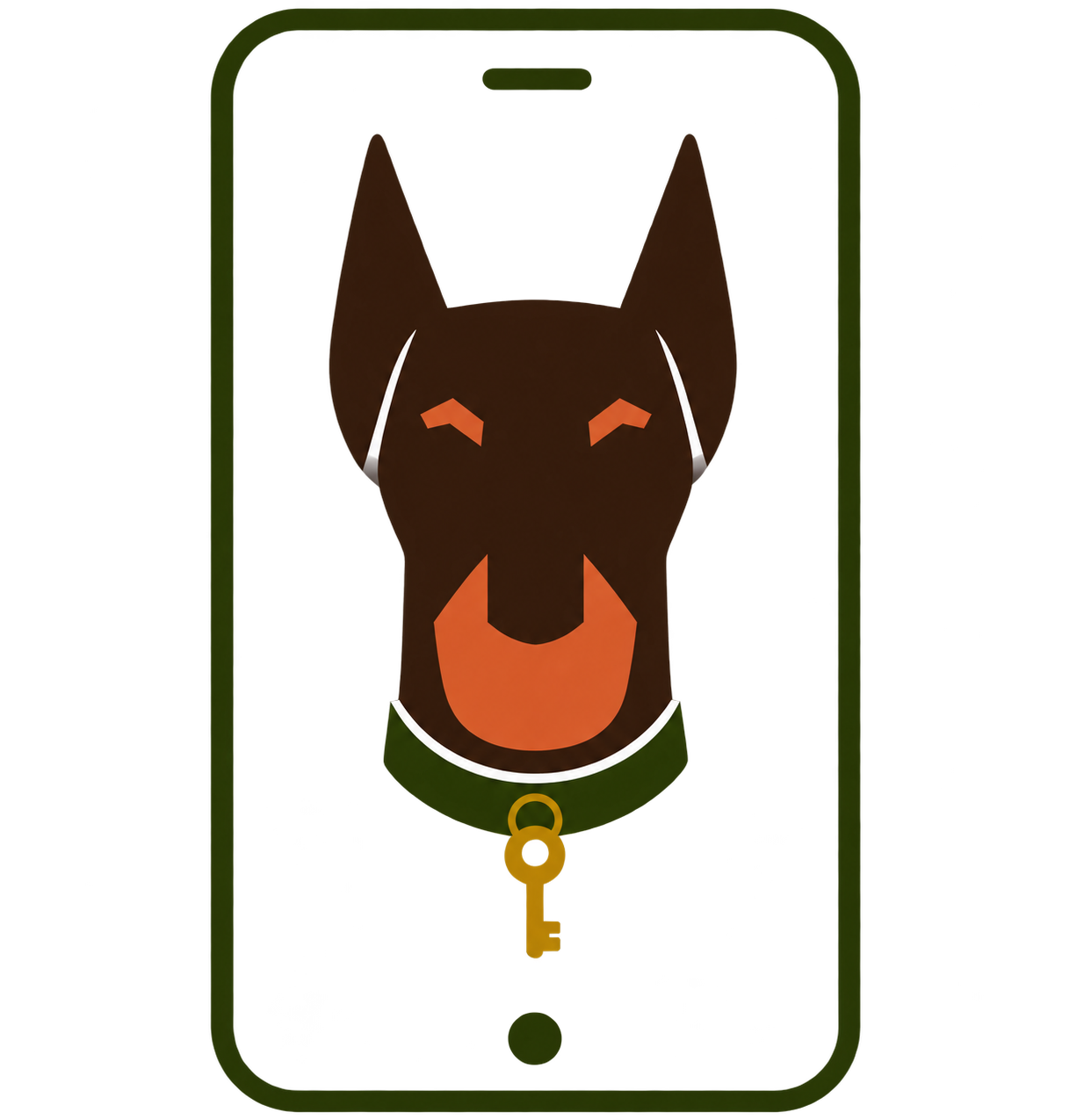 A Doberman holding a key inside a phone
